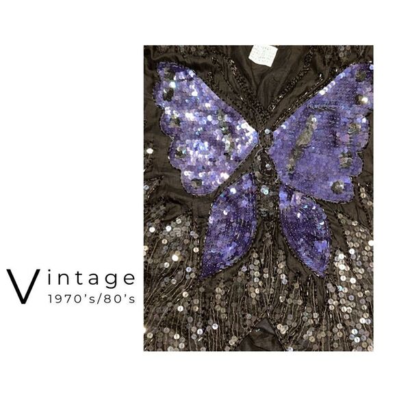 VINTAGE 1970’s/80’s 100% Silk Sequin Formal‎ Butterfly Top - Picture 4 of 4